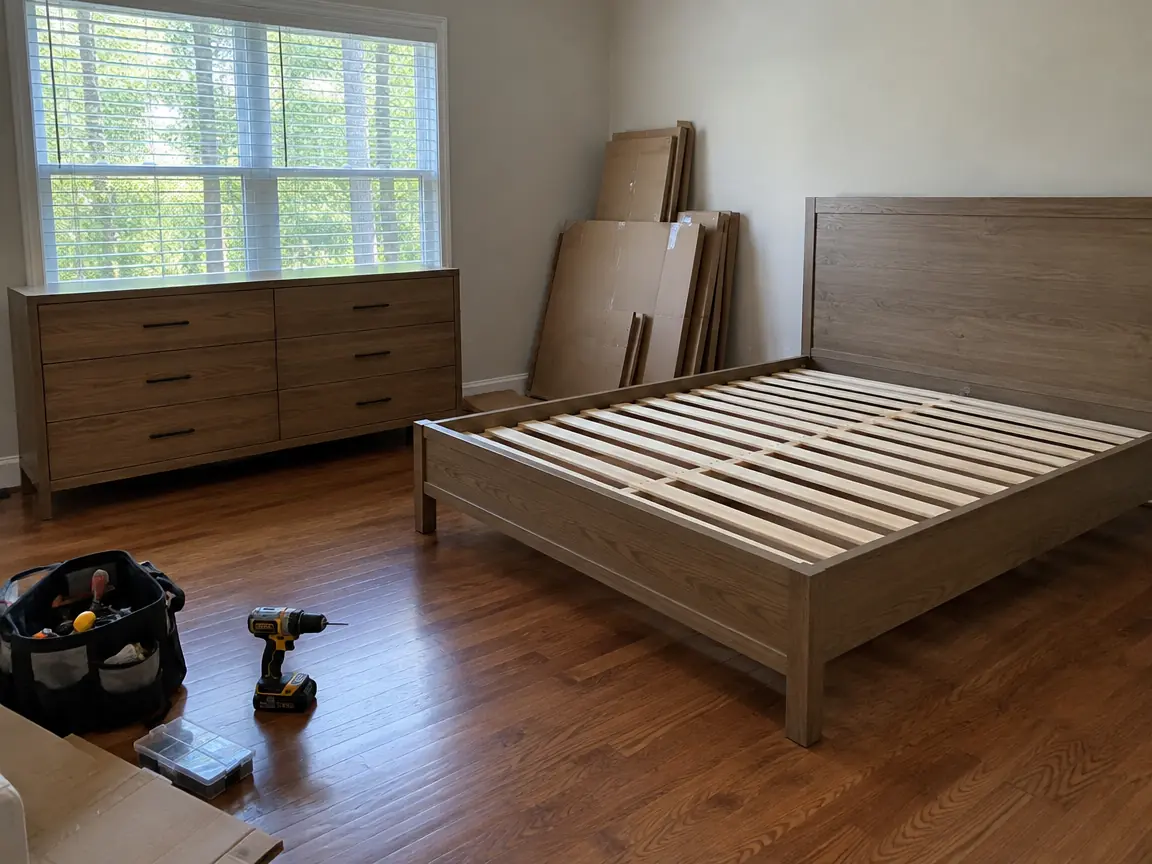 Newly assembled bed and dresser with tools and flattened boxes