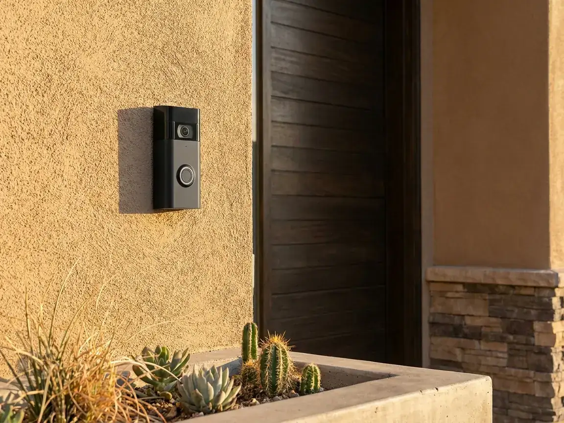 Video doorbell on a stucco wall beside a modern front door