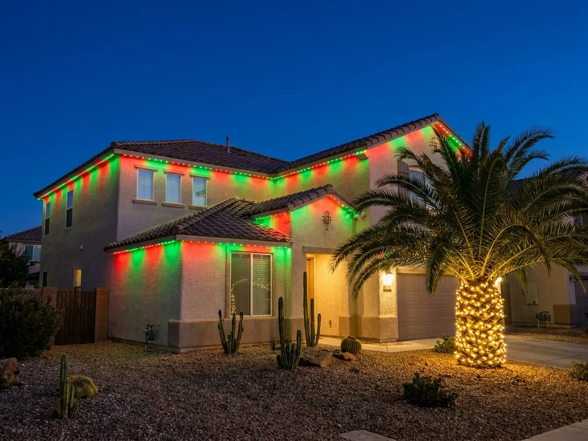 Two-story Las Vegas stucco home with red and green permanent holiday lights