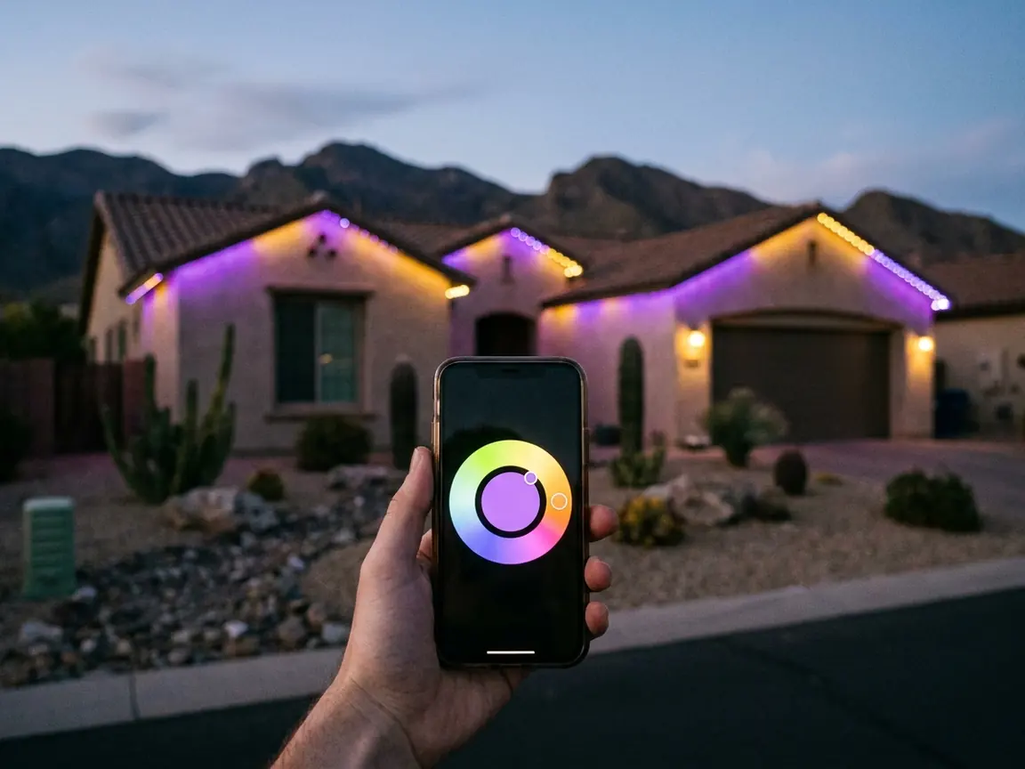 Phone app controlling purple and gold roofline lights on a Las Vegas stucco home at dusk
