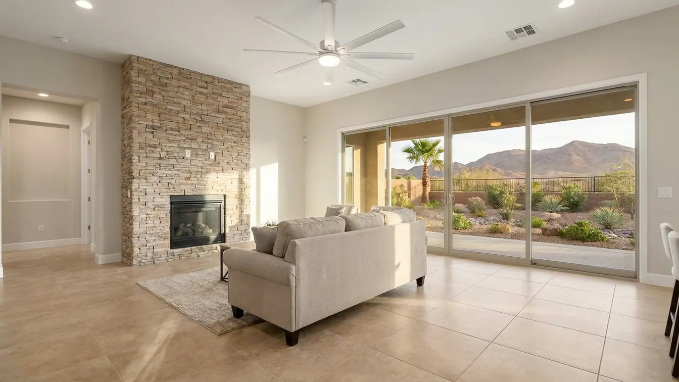 Modern Las Vegas living room with a white ceiling fan, tile floors, a stacked stone fireplace and a view of the mountains