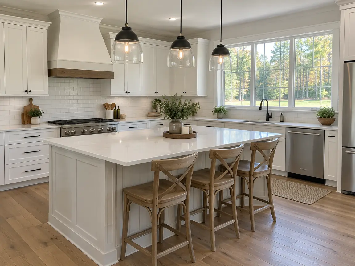 Three black and glass pendant lights over a white kitchen island
