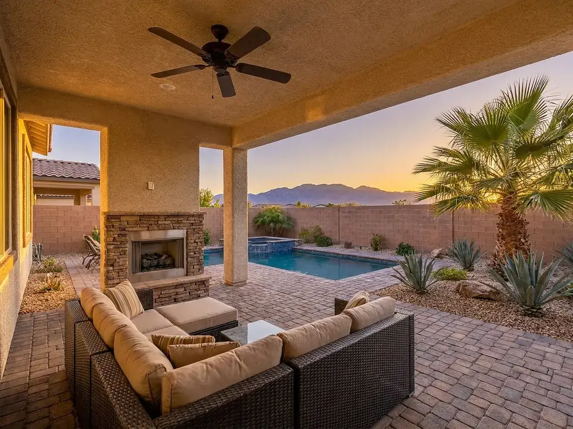 Covered back patio with a bronze outdoor ceiling fan, pool and desert landscaping