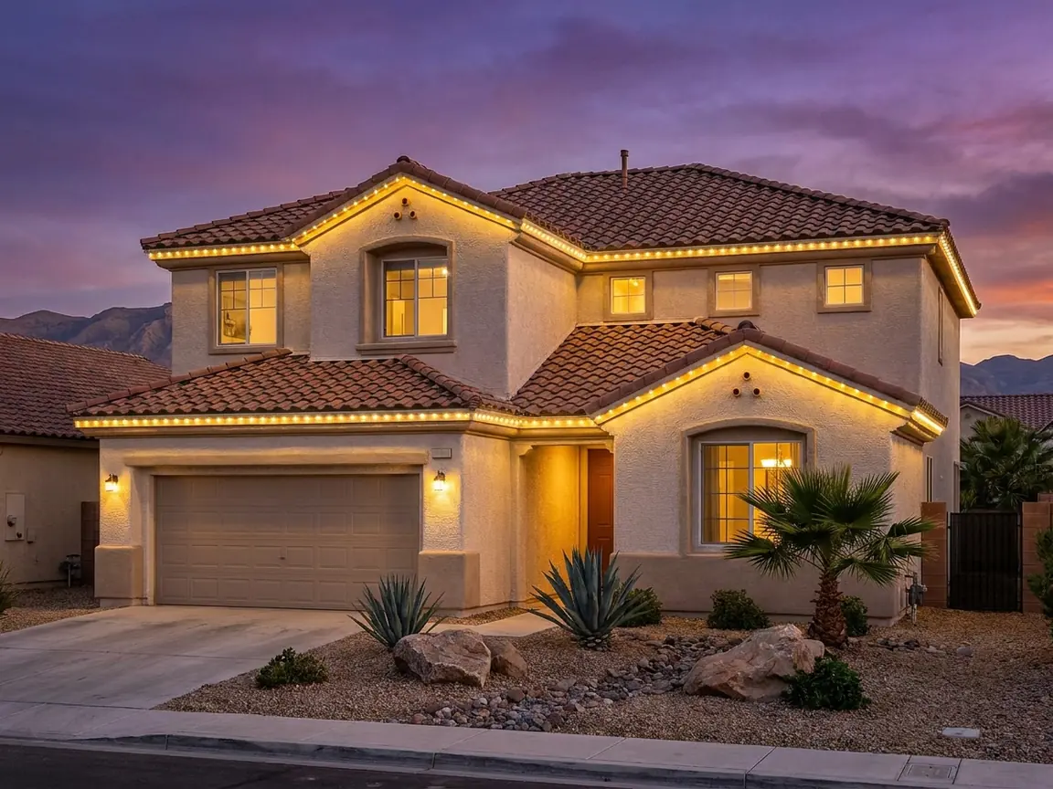 Two-story stucco home with a tile roof and warm white roofline lighting at dusk